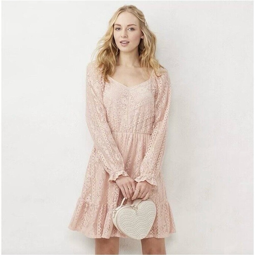LC Lauren Conrad Pink Lace Overlay Lined Long Sleeve Mini Dress Boho XS